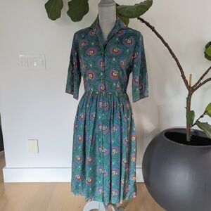 1970's Green Paisley Print Vintage Dress